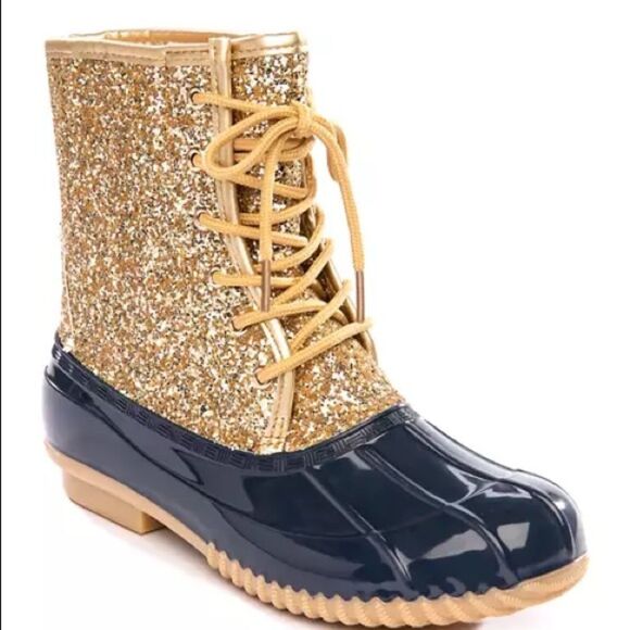 Sugar Shoes - Sugar Duck Boots Women's Size 8 Gold Glitter & Navy Blue Lace-Up Shearling NIB
